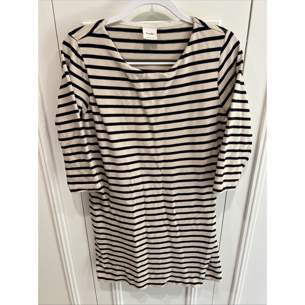 Boob Design Striped Side Slit Nursing Dress Size Large 3/4 Sleeve Beige & Navy